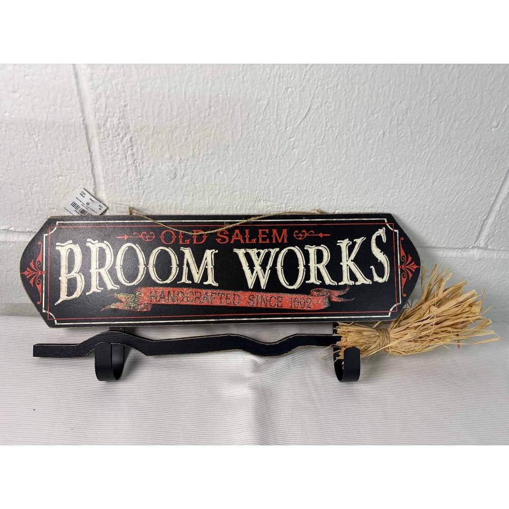 Old Salem Broom Works Wooden Wall Sign with Hooks Halloween Decor Black Red